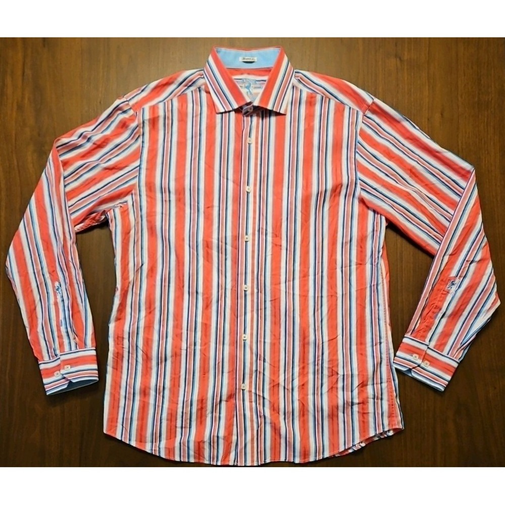 Bugatchi Mens Shaped Fit Long Sleeve Button Up Shirt Pink Striped Size XL